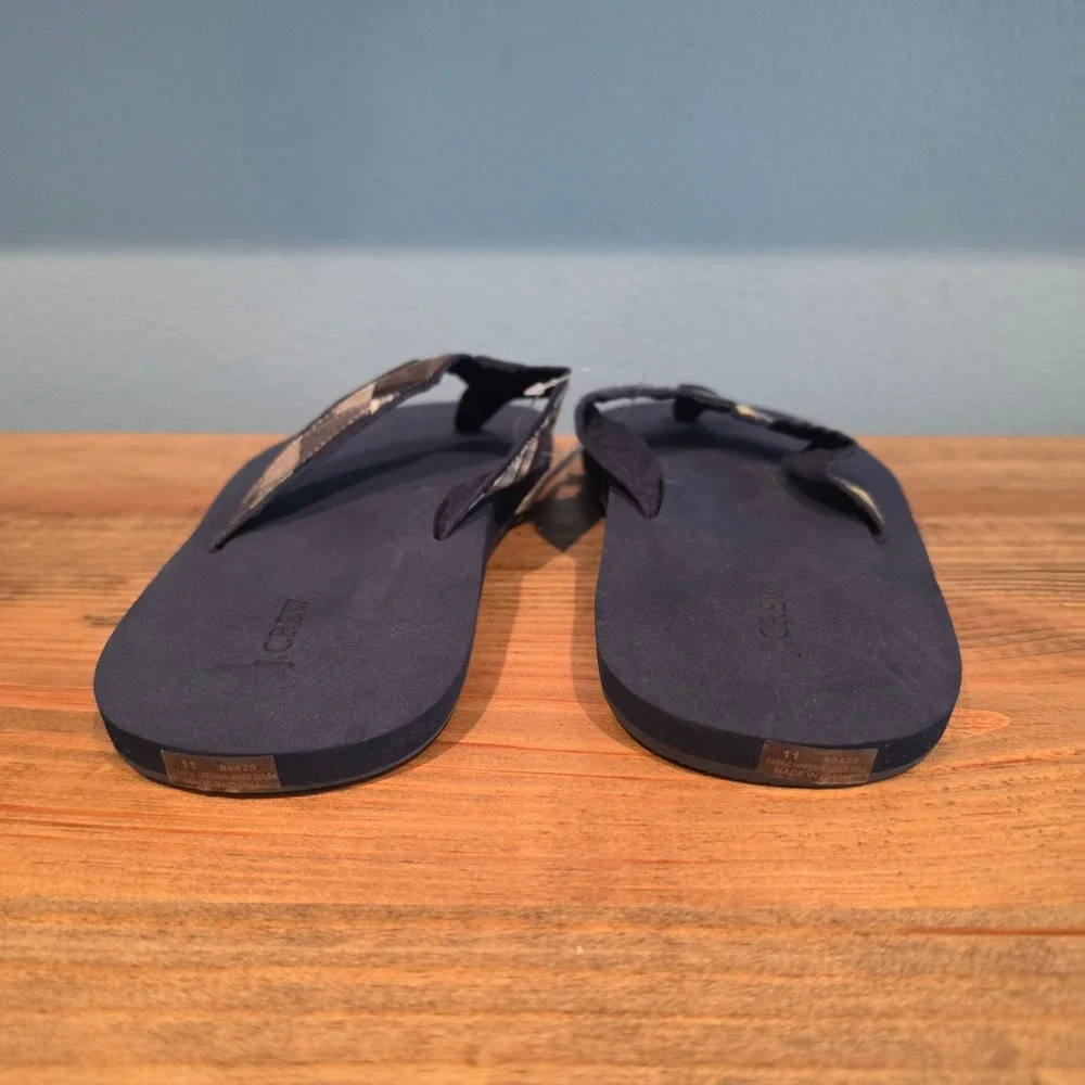 J.Crew Mens Flip Flops Navy Blue Plaid Fabric Strap Sandals Size 11